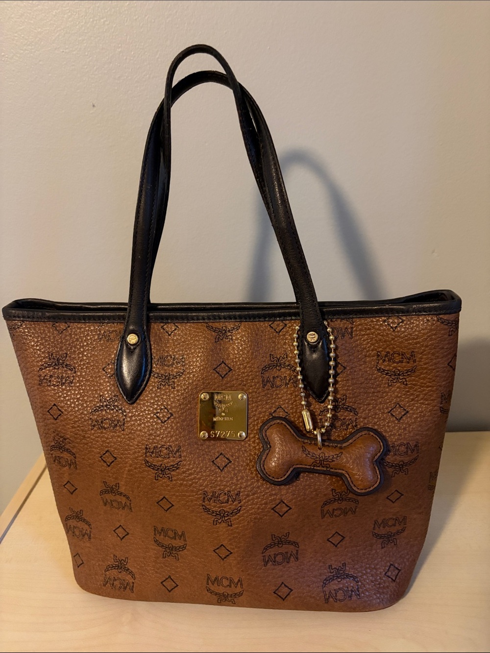 MCM Brown Visetos Monogram Tote with Black Trim and Bone Charm